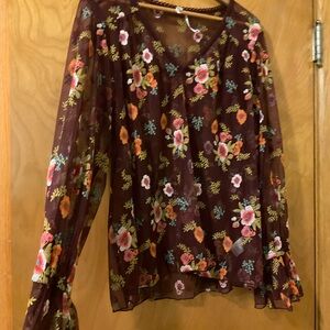Anthropologie Floral Sheer Blouse - Brown and Multicolor Size Large